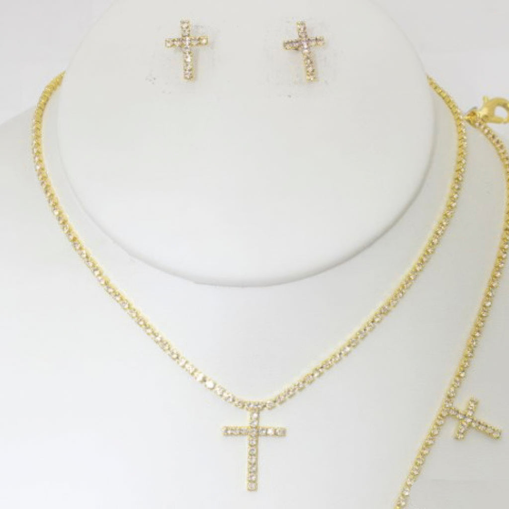 Rhinestone Cross Necklace Earring Bracelet Set