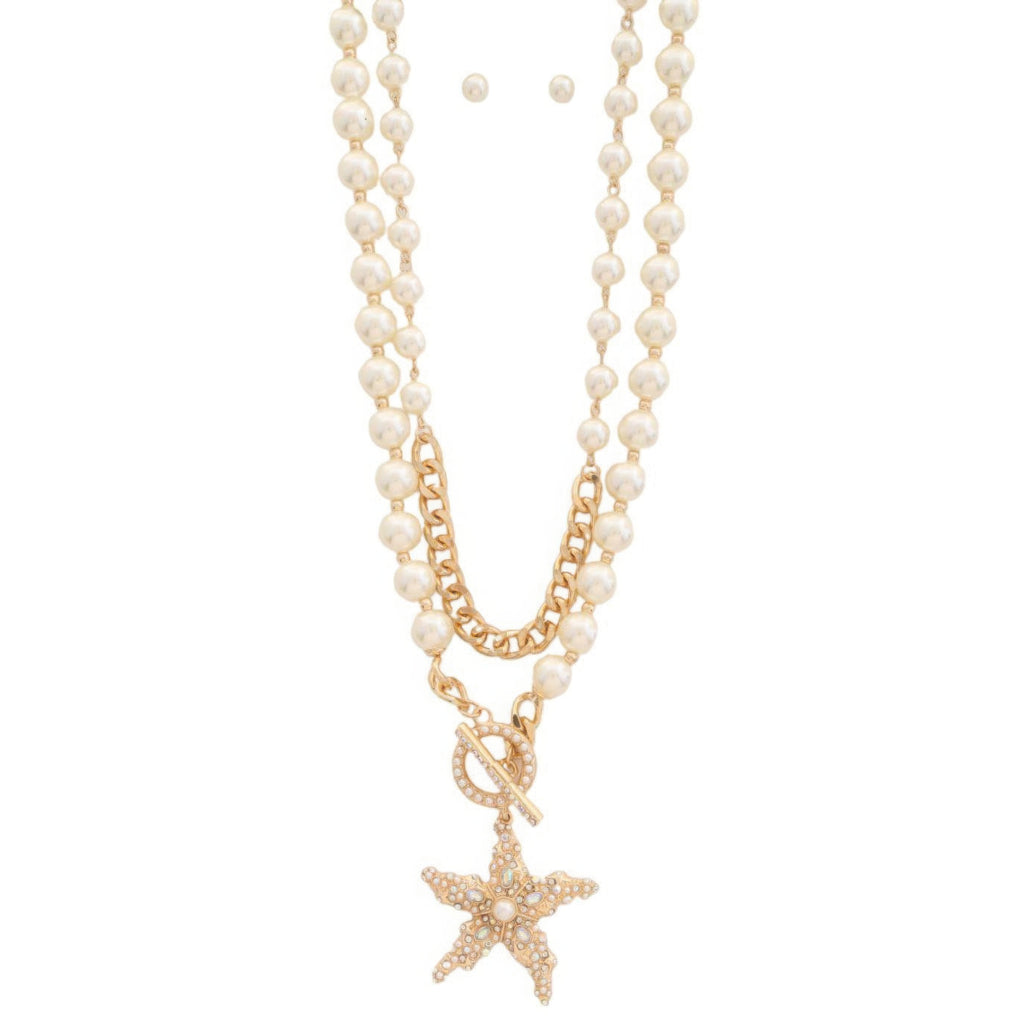 Star pendant pearl bead toggle clasp layered necklace