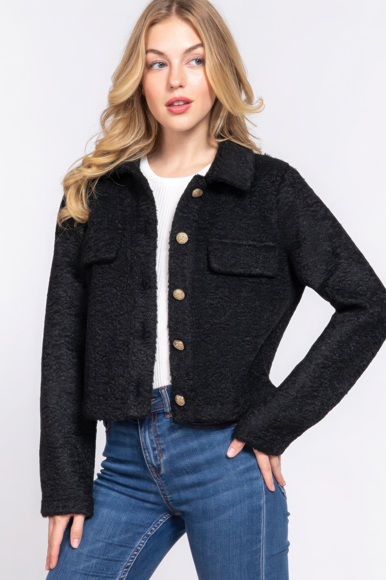 Long Slv Teddy Fleece Short Jacket