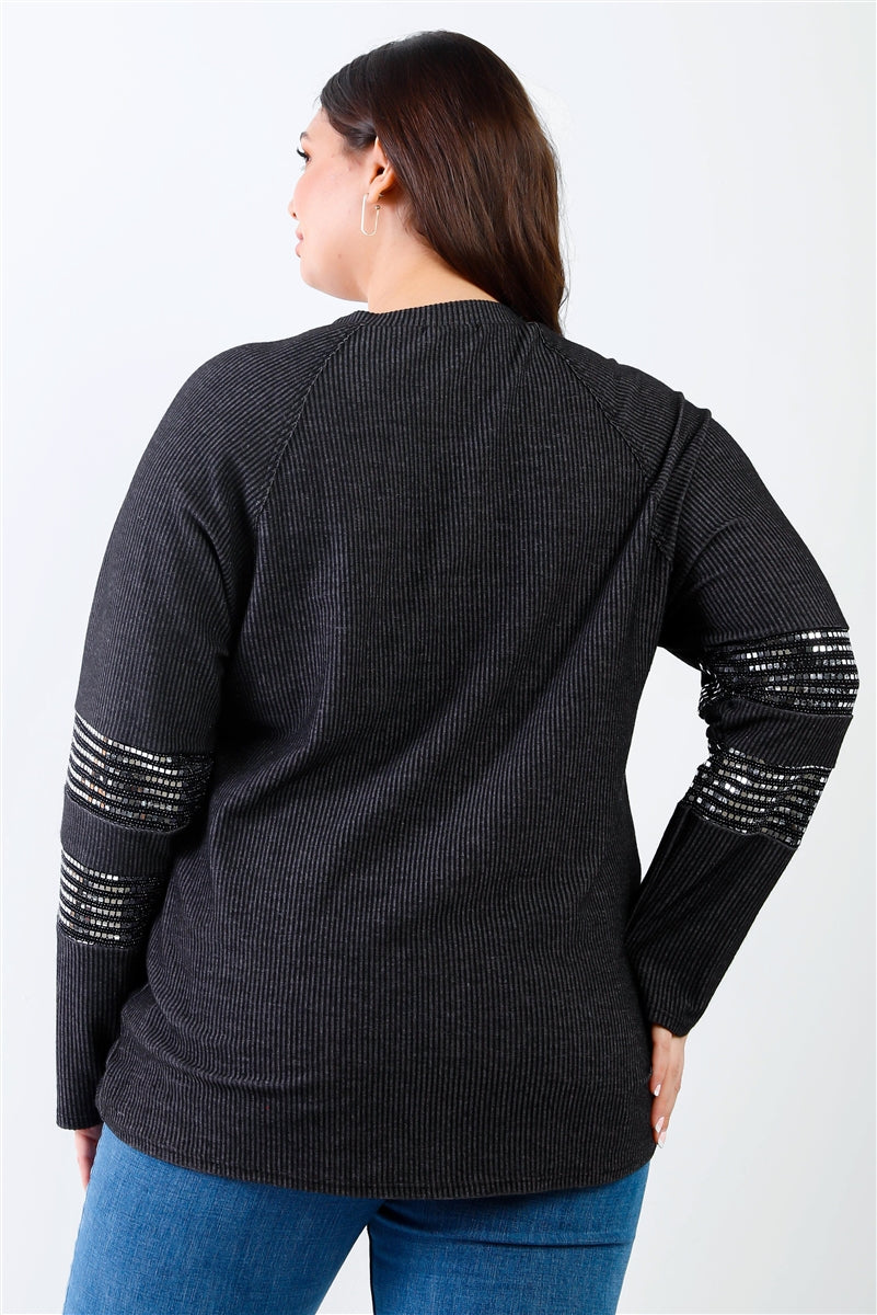 Plus Ribbed Sequin Detail Long Sleeve Top