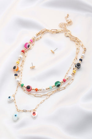 Eye Heart Beaded Oval Link Layered Necklace