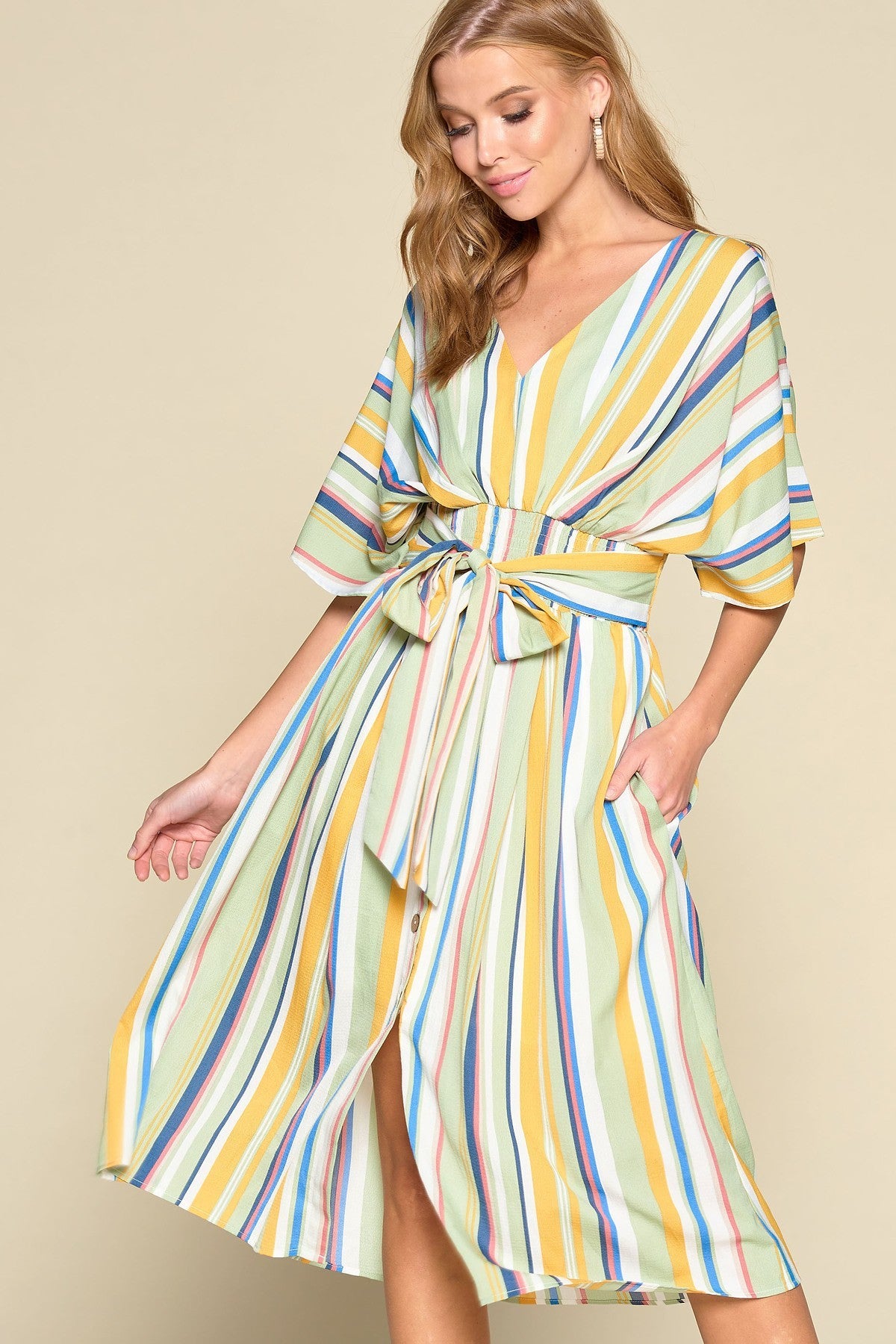 Multi-colored Striped Woven Button-down Midi Dress