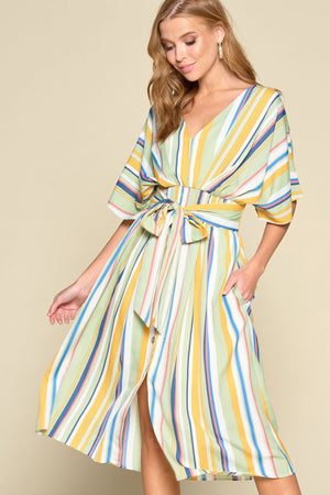 Multi-colored Striped Woven Button-down Midi Dress