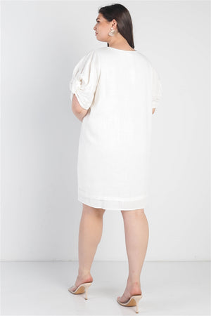 Plus White Bow Detail Short Sleeve V-neck Mini Dress