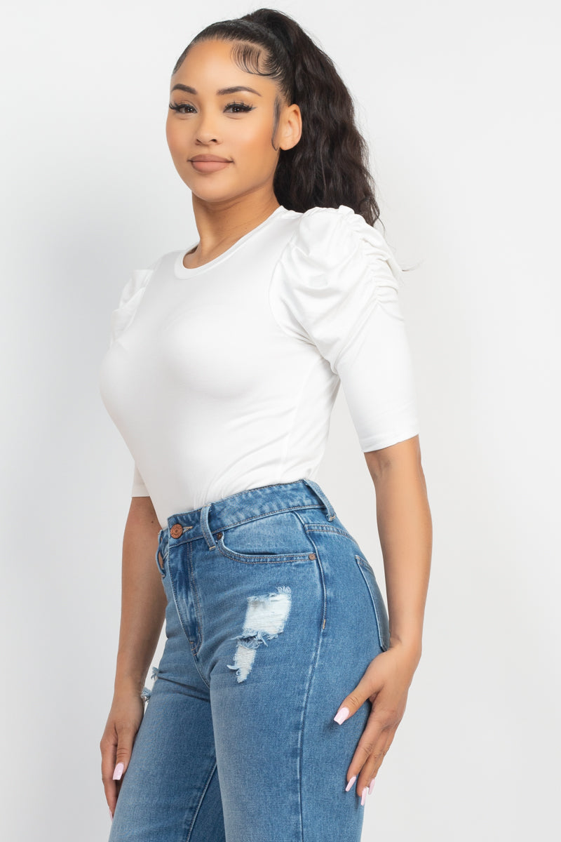 Round Neck Puff Ruched Sleeve Top