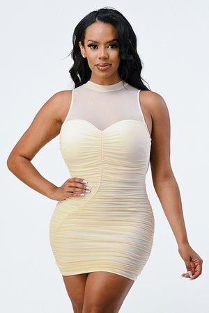 Lux Stretch Mock Neck Mesh Ruched Dress