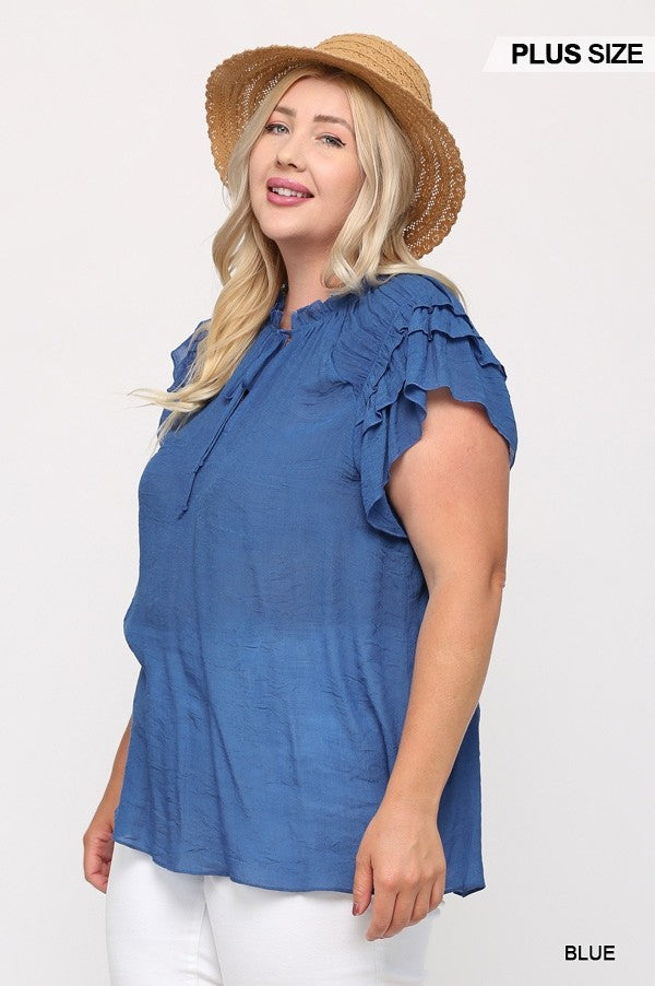 Triple Ruffle Sleeve V-neck Top With Front Tie