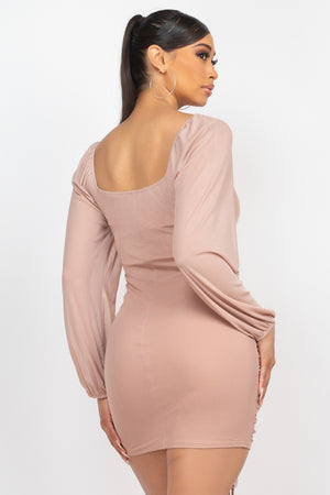 Ruched Square Neck Mesh Sleeve Dress