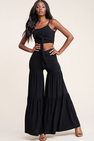 Solid Tie Front Spaghetti Strap Tank Top And Tiered Wide Leg Pants Two Piece Set