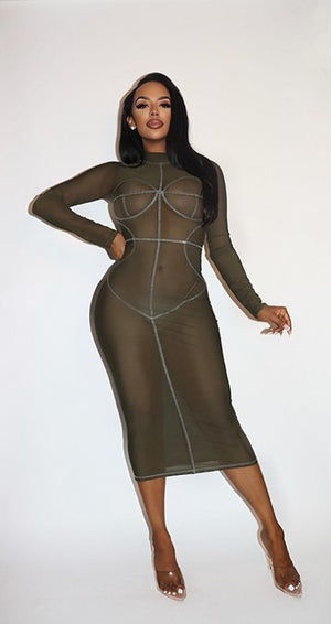 Long Sleeve Power Mesh Mock Neck Bodycon Dress With Contrast Stitching