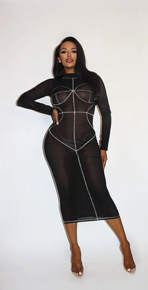 Long Sleeve Power Mesh Mock Neck Bodycon Dress With Contrast Stitching