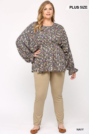 Floral And Gold Foil Woven Top With Elastic Waist And Peplum Hem