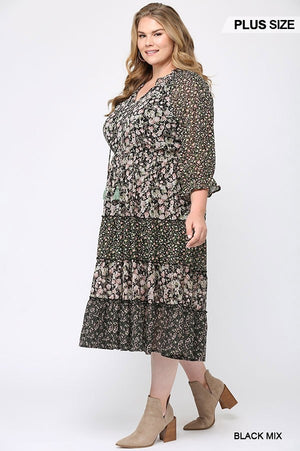 Floral Print Mixed And Tiered Chiffon Dress With Full Lining