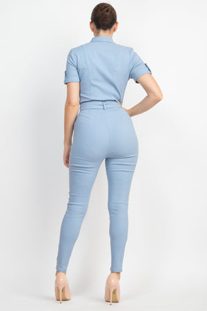 Collared Waist-tie Buttoned Jumpsuit