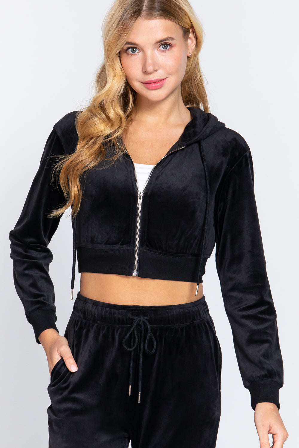 Long Slv Velour Hoodie Crop Jacket