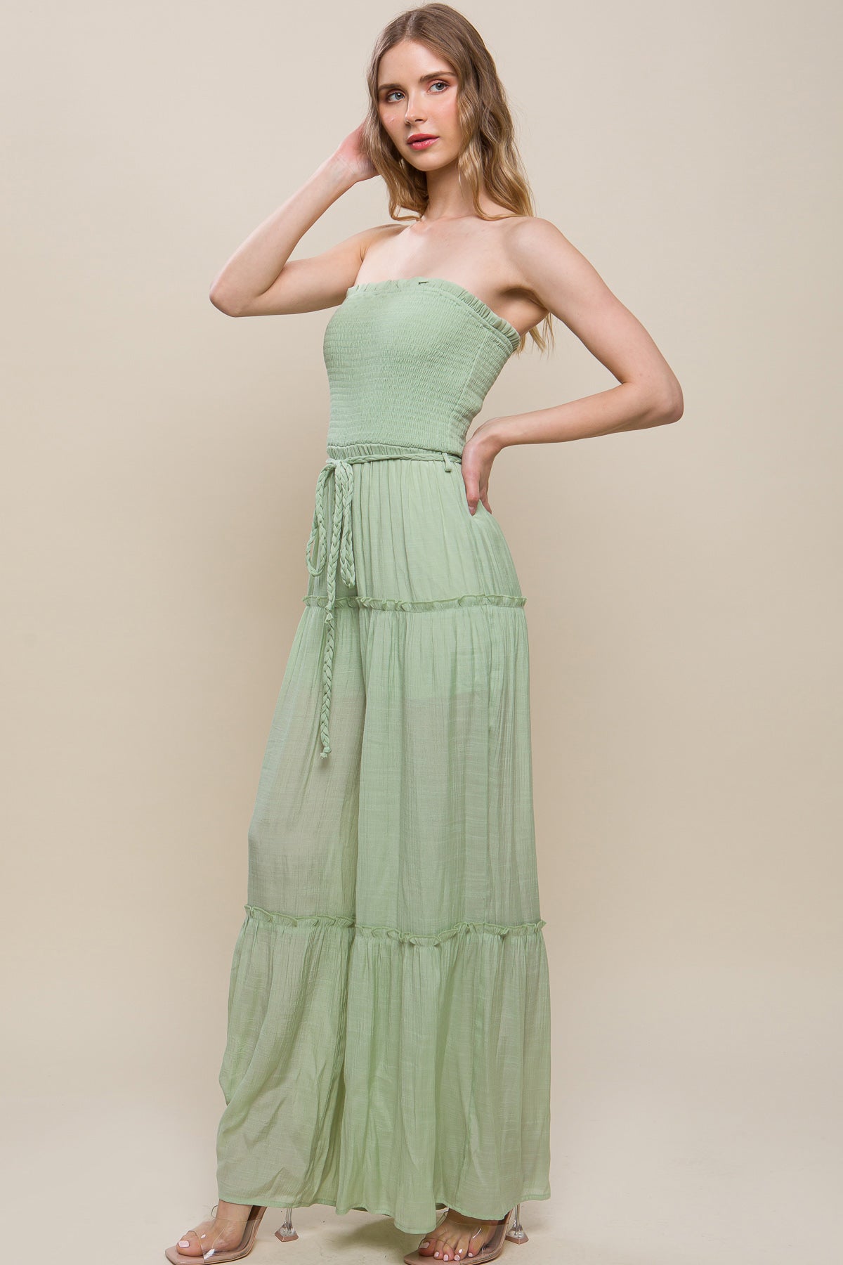 Woven Solid Sleeveless Smocked Ruffle Jumpsuit