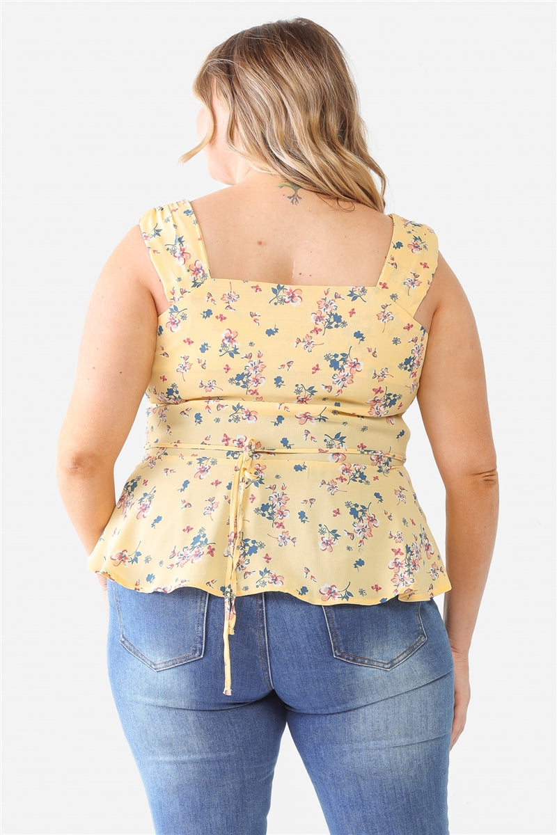 Plus Floral Button-up Sleeveless Flare Hem Top