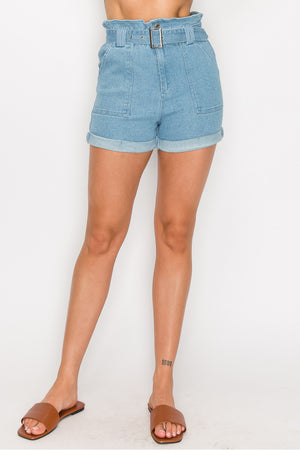 Belted Paperbag Denim Shorts