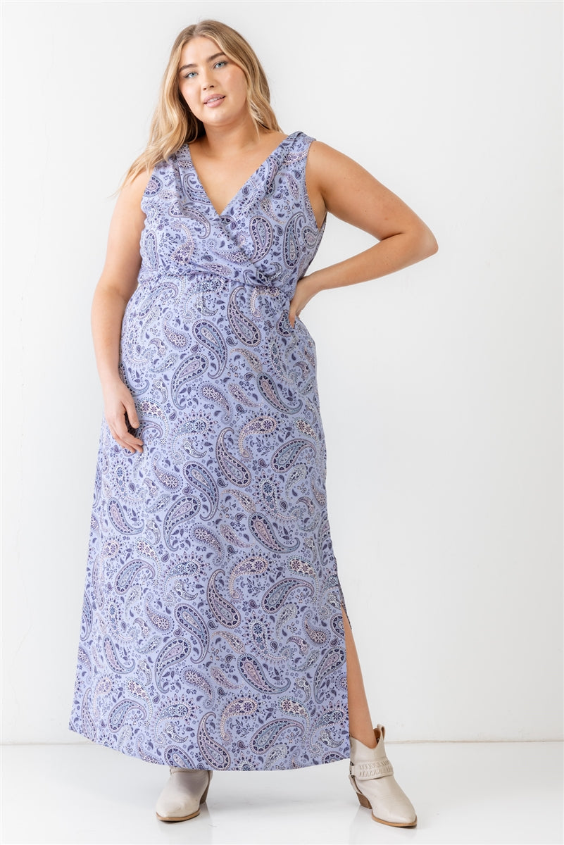 Plus Lavender Paisley Wrap V-neck Sleeveless Midi Dress