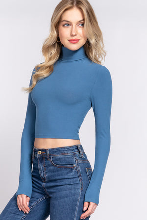 Long Slv Turtle Neck Rib Crop Knit Top