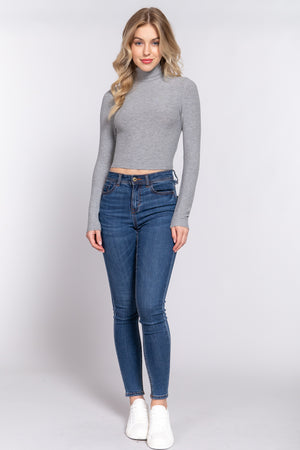 Long Slv Turtle Neck Rib Crop Knit Top