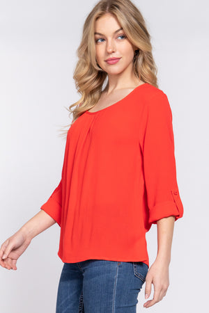 3/4 Roll Up Slv Pleated Blouse