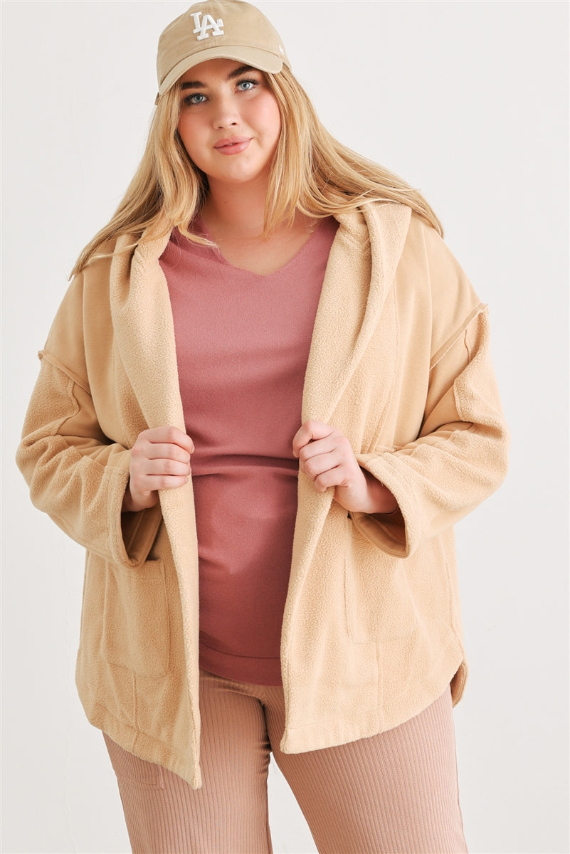 Plus Two Pocket Open Front Soft To Touch Hooded Cardigan Jacket
