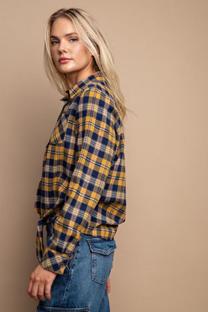 Tie Front Button Down Plaid Shirt With Front Pocket